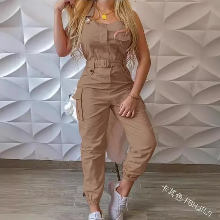 Uveng Uveng Women's Work-Packed Pocket Design Jumpsuit Sleeveless Backs And Trousers Simple Restraints Trousers + Belts