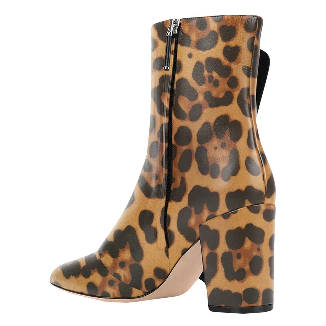 Brown & Black Side Zipper Button Leopard Print Short Boots for Women