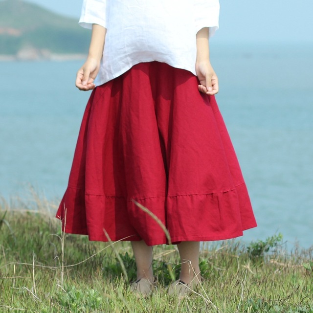 Cotton Linen Loose Elastic Waist Skirts Solid Color Retro Skirts 