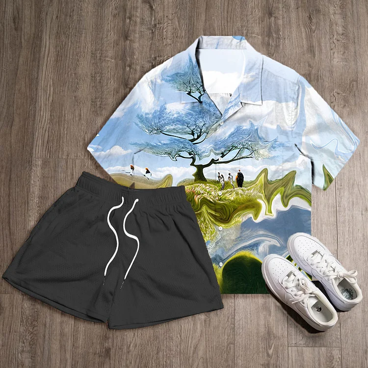 Beach Print Shirt Shorts Two-Piece Set