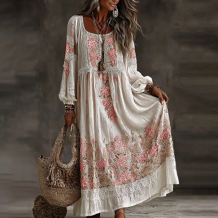 Women's Vintage Vacation Floral Art Flowy Linen Blend Casual Round Neck Long Sleeve Maxi Dress