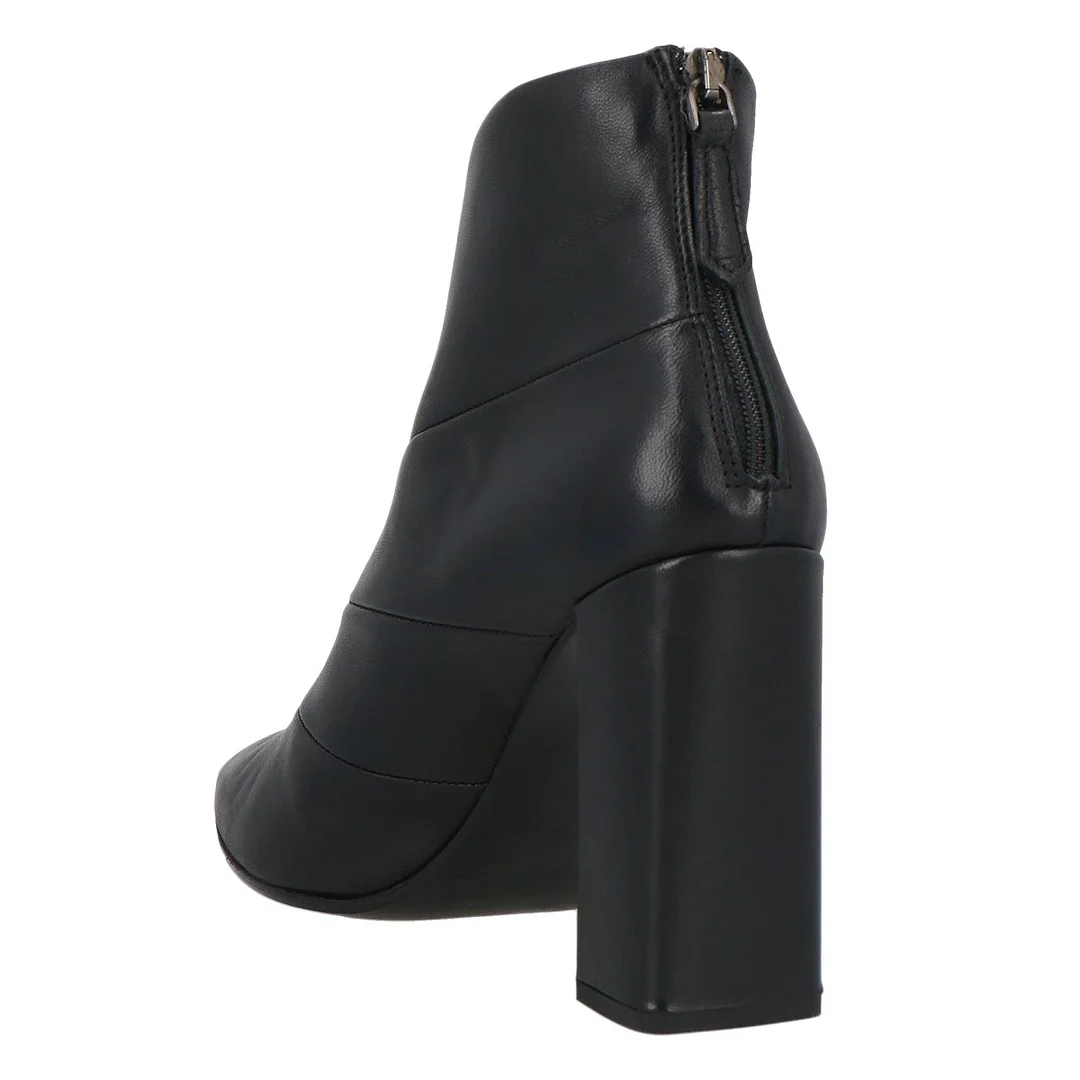 Vegan Leather Pointed Toe Wrinkle Black Heel Booties with Back Zipper