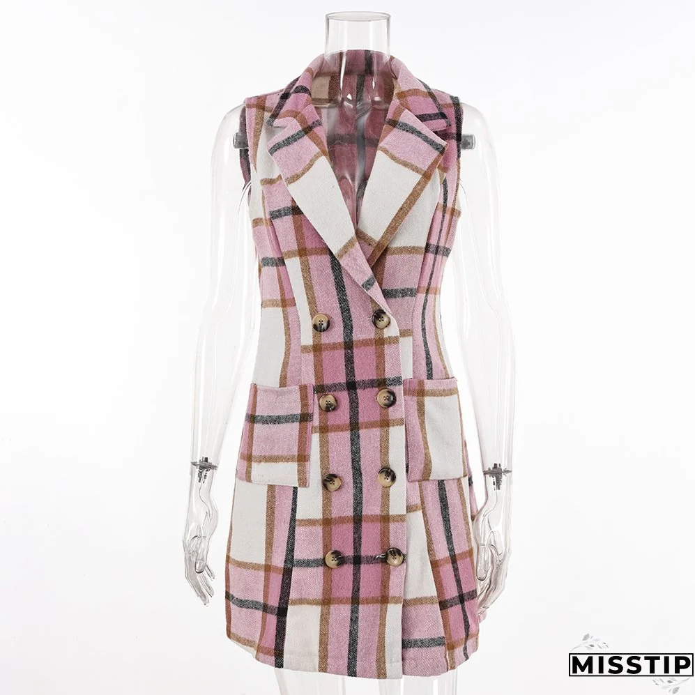 Women's Fashion Plaid Long Vest Turndown Collar Sleeveless Blazer