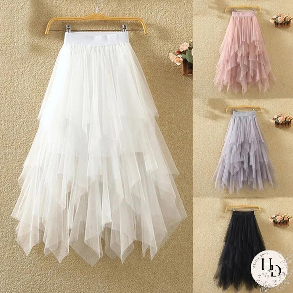 Black Irregular Mesh Gauze Women's Spring And Summer High Waist Wild Was Thin A Word Puff Skirt Skirt Long Skirt