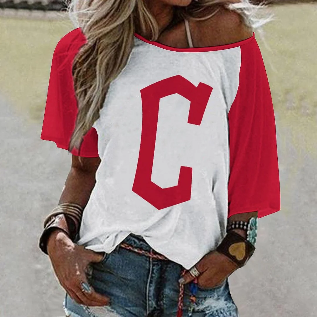 Shoulder Off  Loose Short Sleeve Casual T-shirt for Women Printed with Pattern,Navy,Red,White