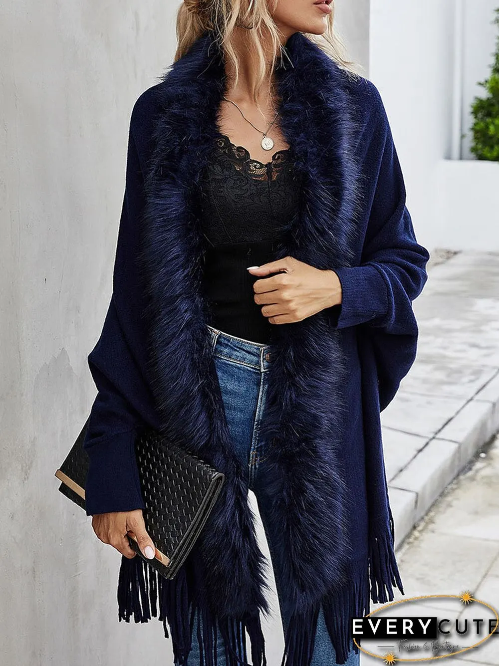 Solid Fringe Hem Dolman Sleeve Open Front Cape Cardigan