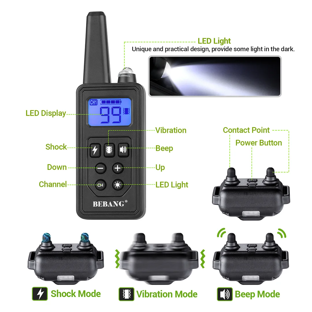 Dog Training Collars, Dog Shock Collar with Remote 880yards, 3 Modes Beep Vibration Shock, IPX7 Waterproof, LED Light, USB Charging, Perfect for Training Small Medium Large Dogs