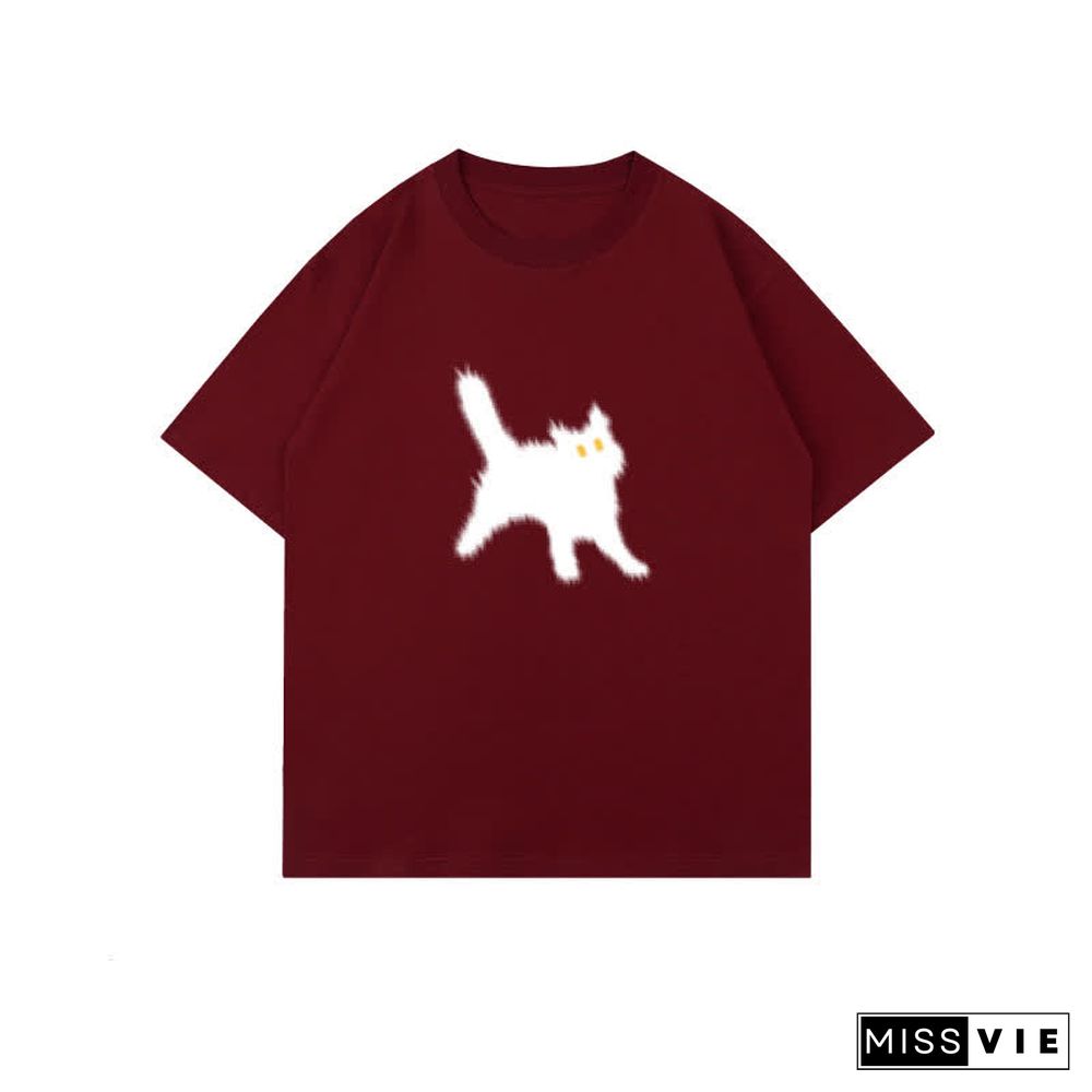 Cartoon Cat Print Round Collar Oversized T-Shirt