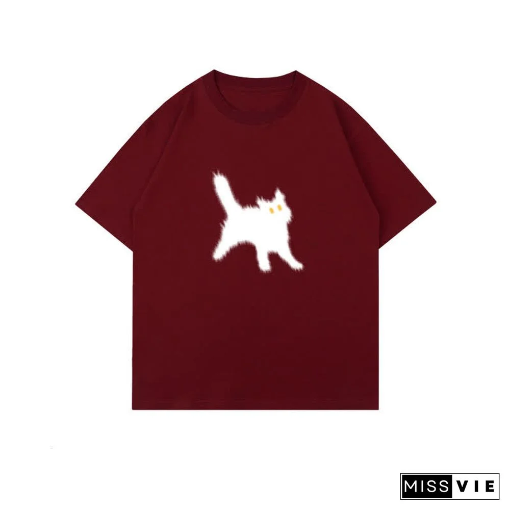 Cartoon Cat Print Round Collar Oversized T-Shirt