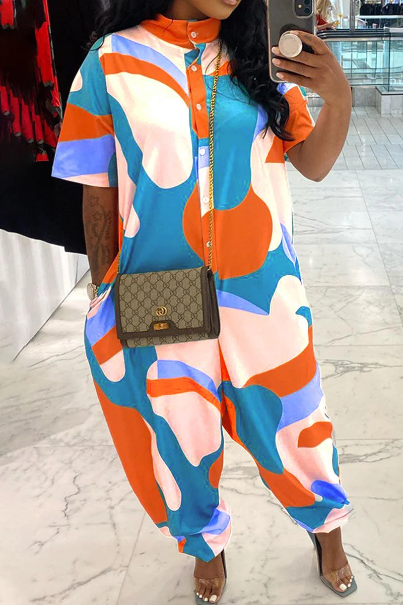 Casual Street Print Patchwork Buckle Mandarin Collar Loose Jumpsuits