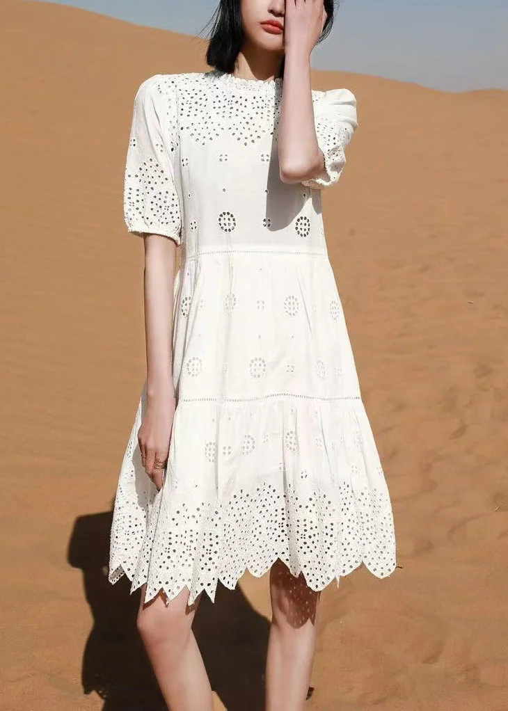 Art White Embroidered Hollow Out Cotton Dresses Summer