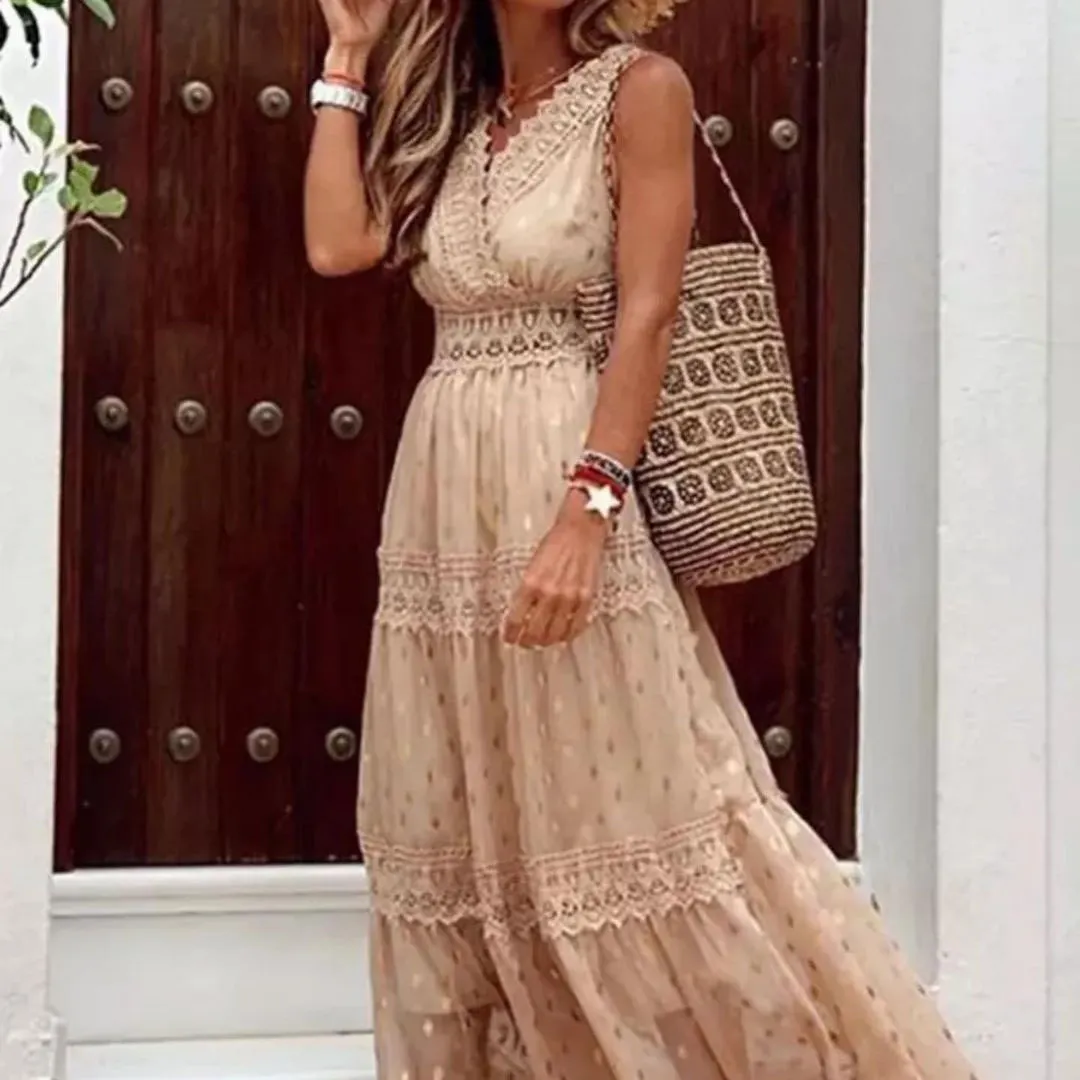 Uveng Uveng New Women's Dress Wish Sexy Deep V Sleeveless Chiffon Dress Splicing Mid-Long Dress