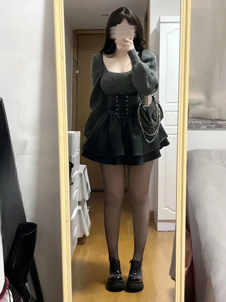 Woherb Winter High Waist Leather Black Mini Dress + Casual Knitted Sweater Elegant Clohting Woman Korean Fashion Suit Design Chic-Outfit Ideas
