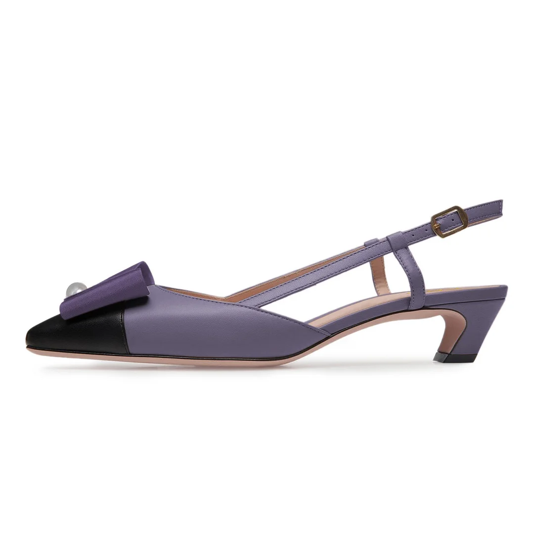 YDN Purple Square Cap Toe Bow Pearl Slingback Chunky Heels