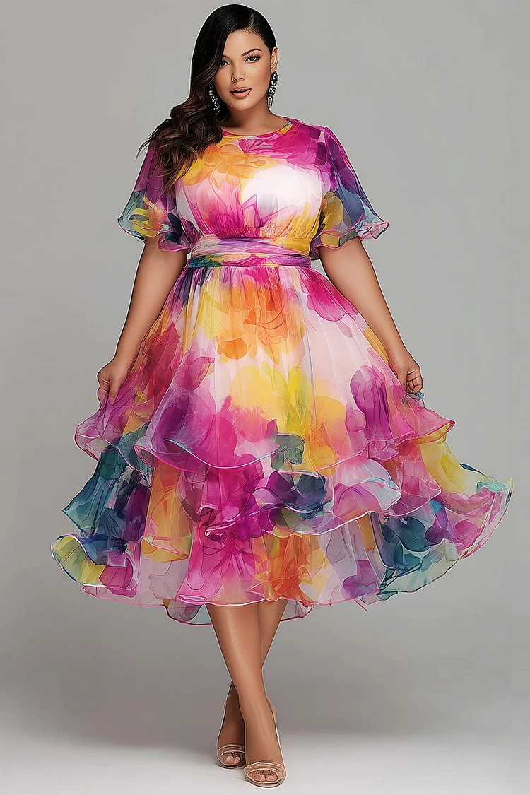 Xpluswear Design Plus Size Cocktail Party Elegant Multicolor Floral Round Neck Short Sleeve Tiered Chiffon Midi Dresses [Pre-Order] 2024 - Xpluswear