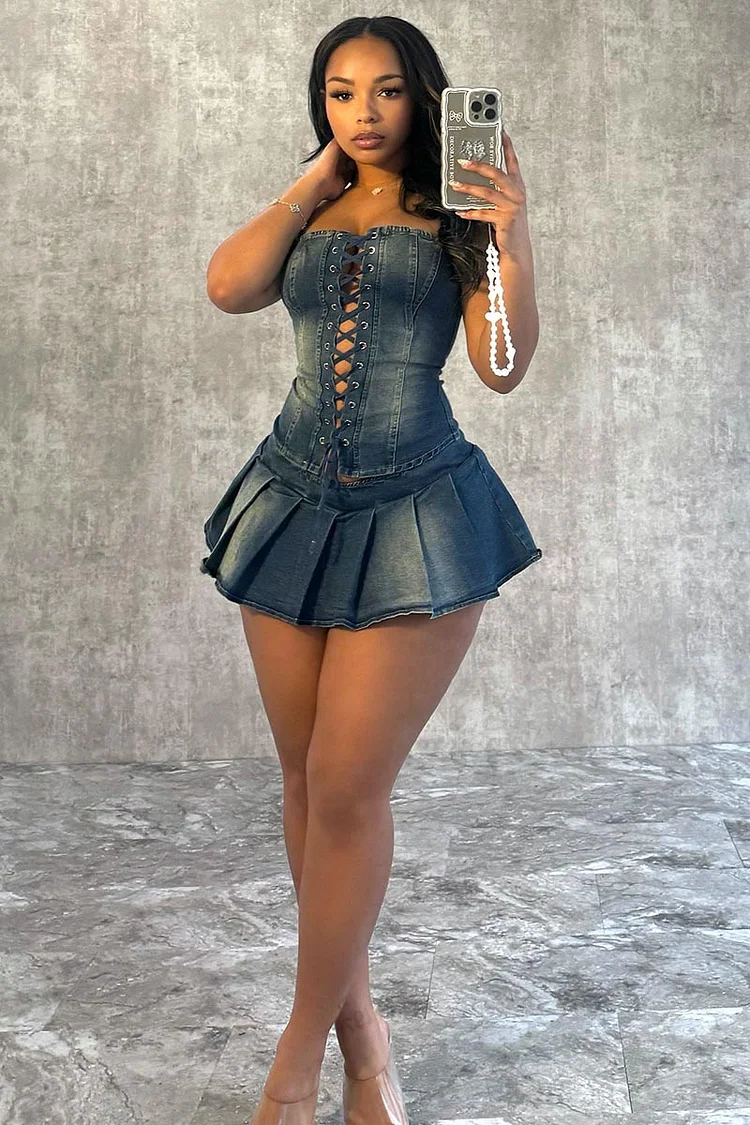 Lace Up Slim-Fit Tube Top Pleated Mini Skirt Denim Matching Set