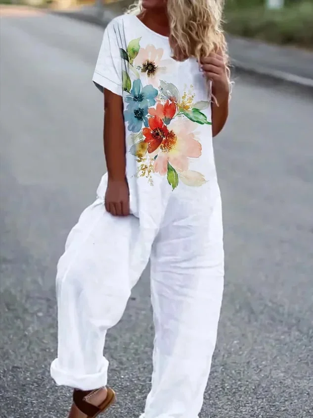 Crew Neck Casual Floral Printed Jumpsuit & Romper