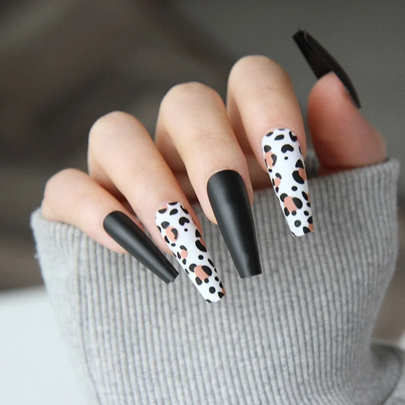 24Pcs Extra Long Coffin Nails Pure Purple Elegant Shiny Ballet Fluorescent and Yellow Leopard print Fake Nail with glue for girl-Nail Inspo