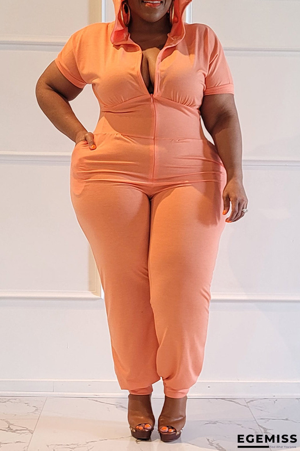 Tangerine Red Casual Solid Patchwork Hooded Collar Plus Size Jumpsuits | EGEMISS