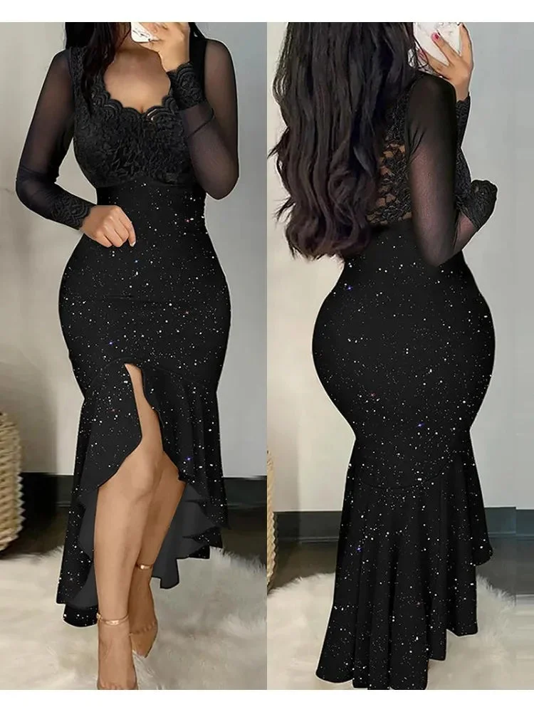 Nncharge Fshion Women Glitter Chic Lace Patchwork Deep V Neck Long Sleeves High Silt Maxi Mermaid Bodycon Formal Party Dresses