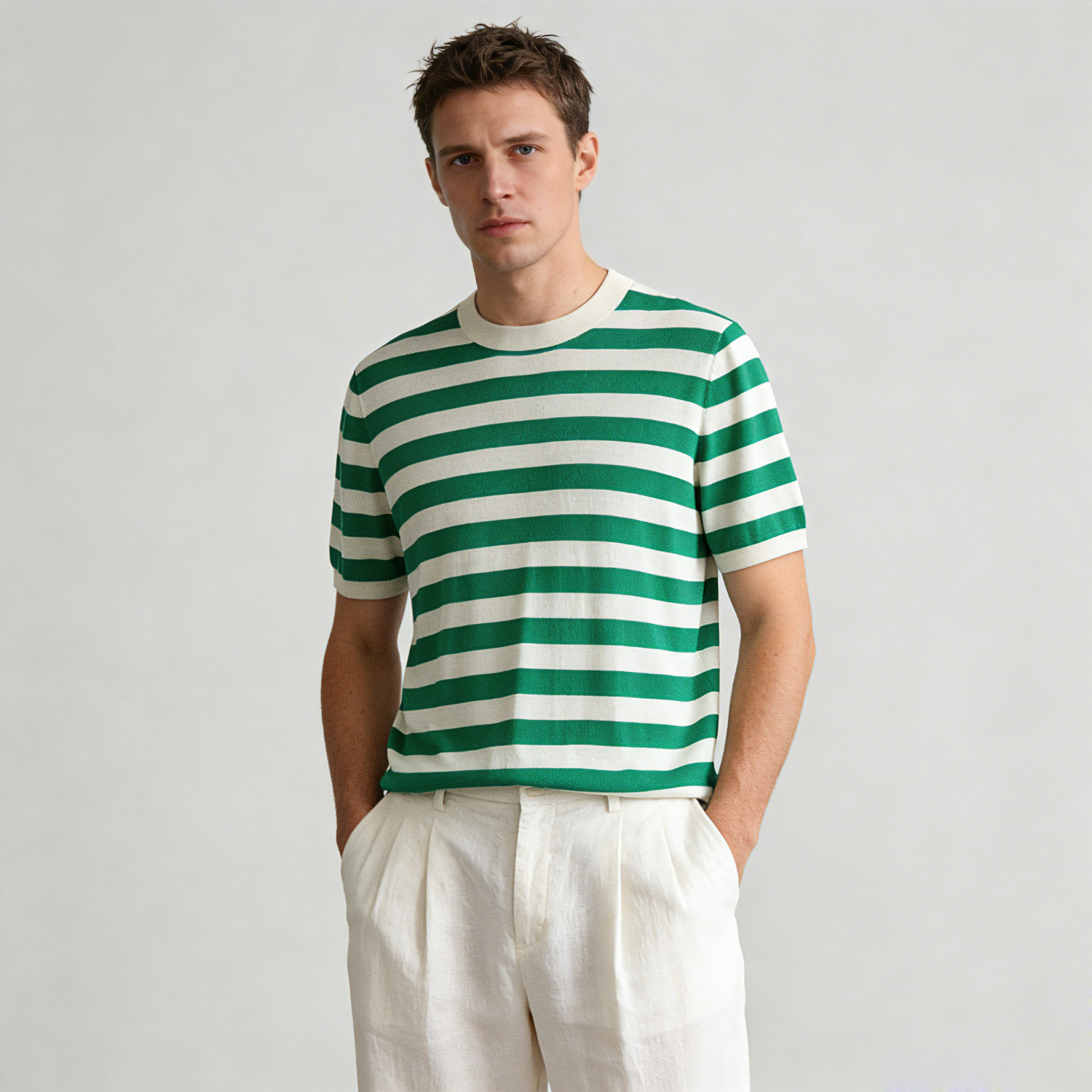 Men's Striped Silk Cashmere Shirt Sweater Short Sleeve | Spring Summer REAL SILK LIFE