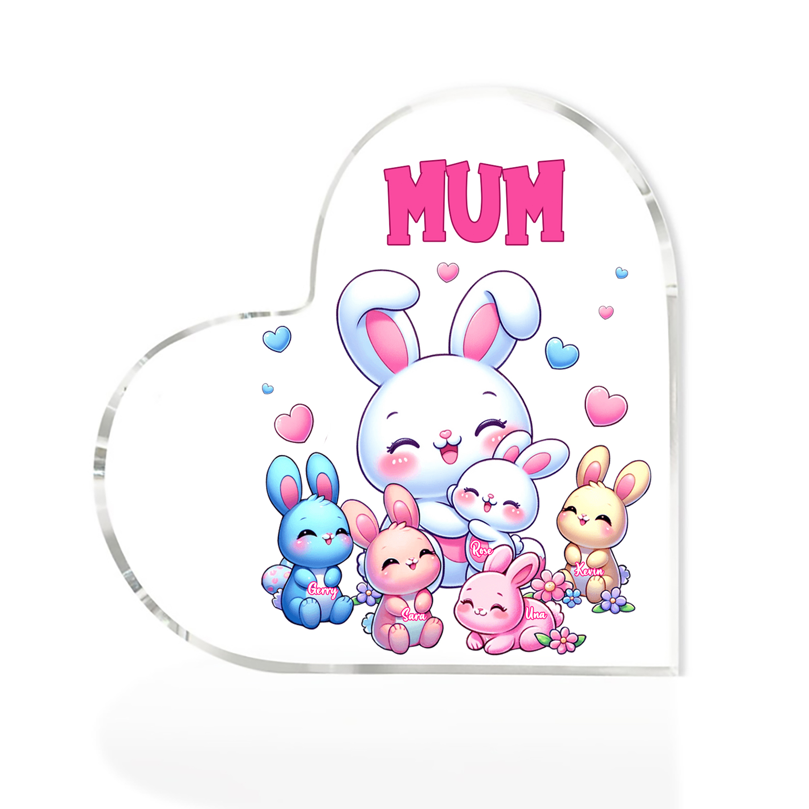 Personalised Text Acrylic Heart Keepsake Custom 5 Names Ornament Bunny Family Gifts For Mother/Grandma-Jessemade AU