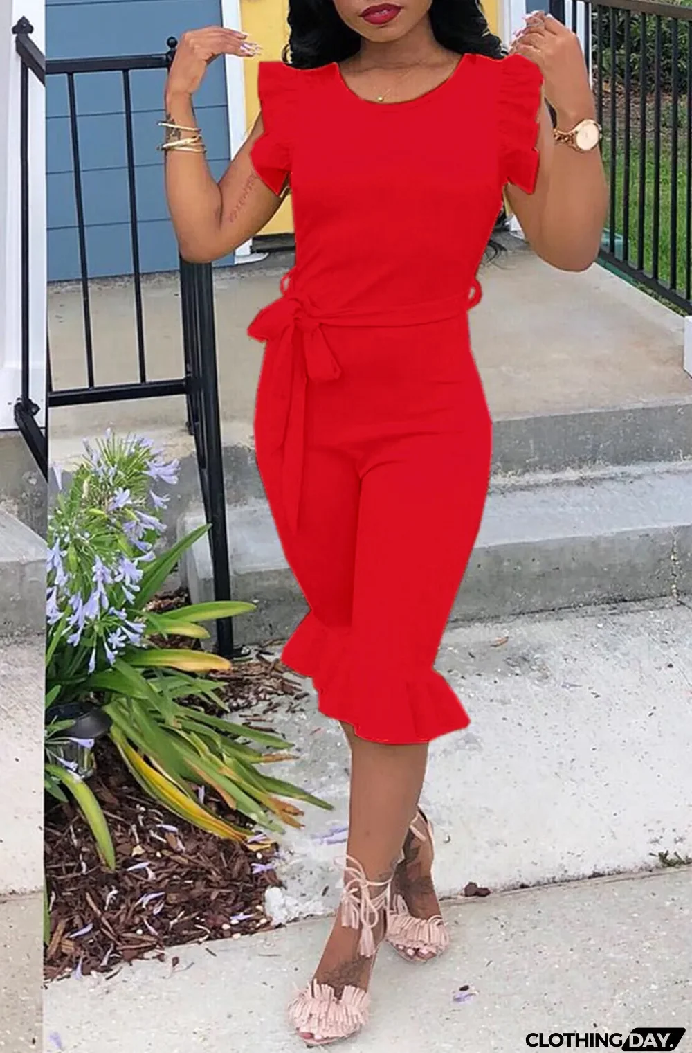 Red Casual Solid Flounce O Neck Regular Jumpsuits