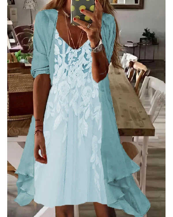 Fake Two Piece Waisted Round Neck Chiffon Coat Dress