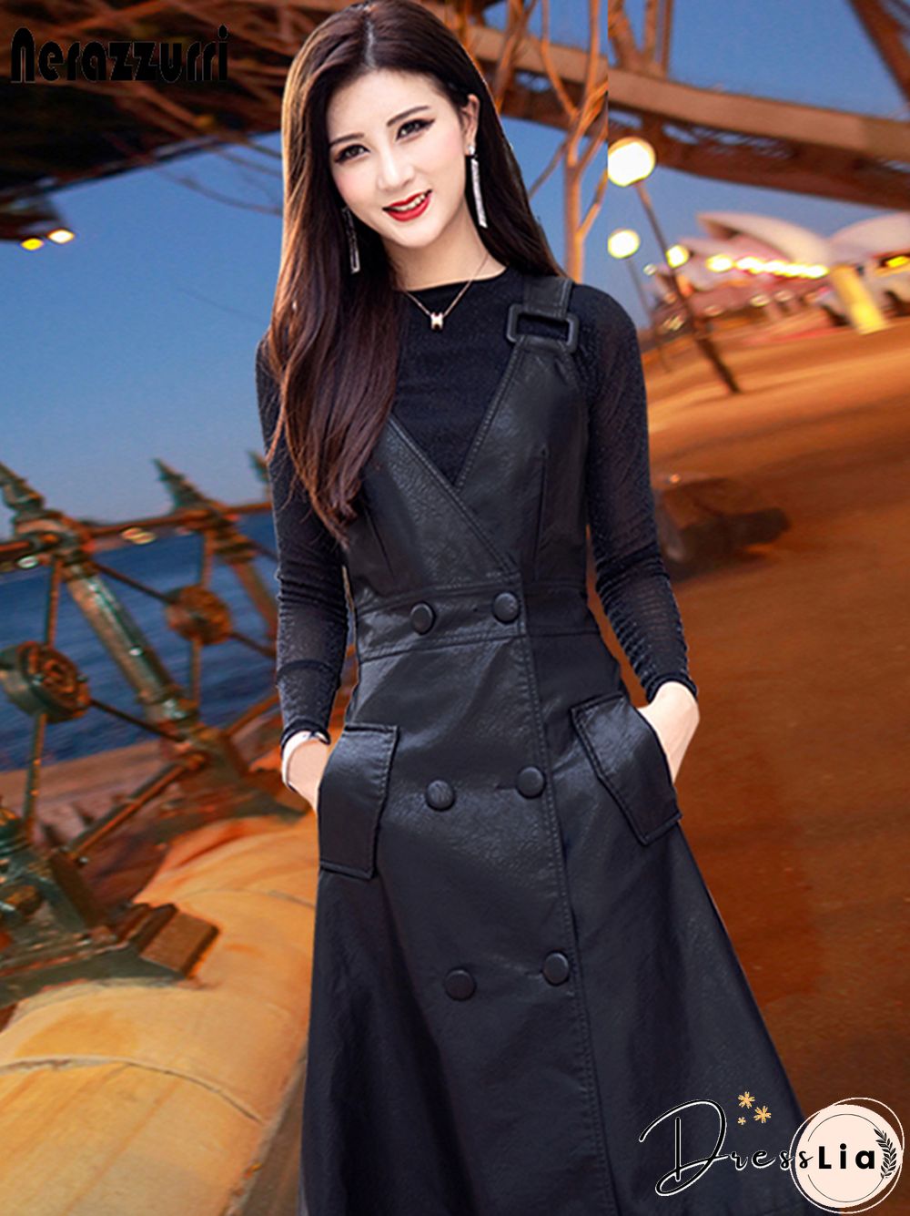 Summer Long Black Leather Dress Womens Strap Midi Faux For Womens Elegant Korean Fashion