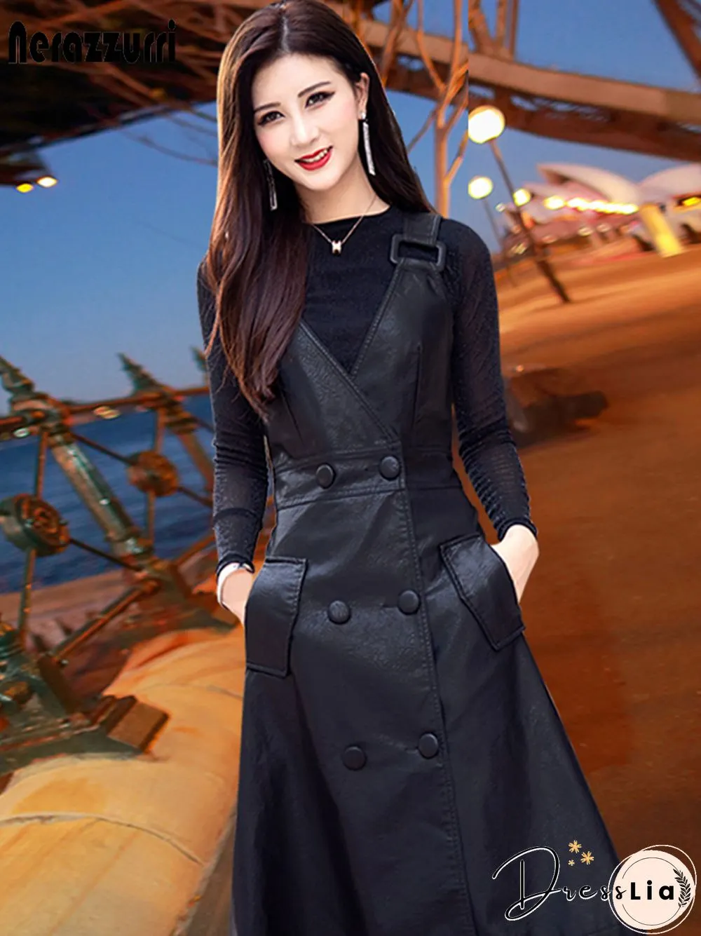 Summer Long Black Leather Dress Womens Strap Midi Faux For Womens Elegant Korean Fashion