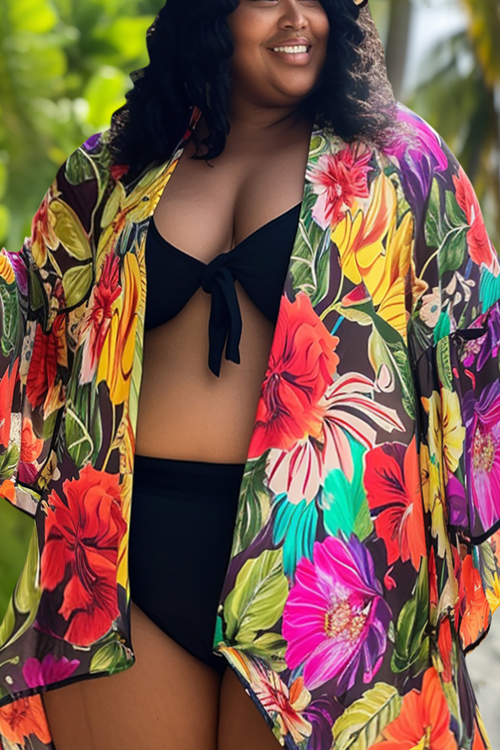 Design Plus Size Vacation Multicolor Floral Print Flare Sleeve Cover Ups [Pre-Order]