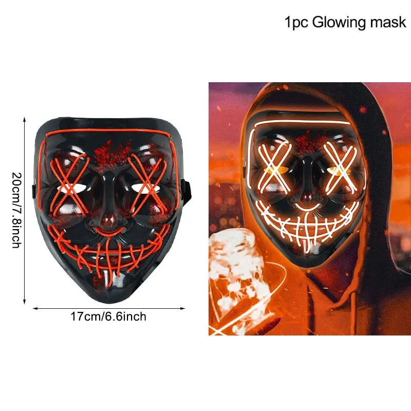 LED Halloween Mask Luminous Glow In The Dark Mascaras Halloween Party Costume Cosplay Masques Horror Props Neon light Masquerade