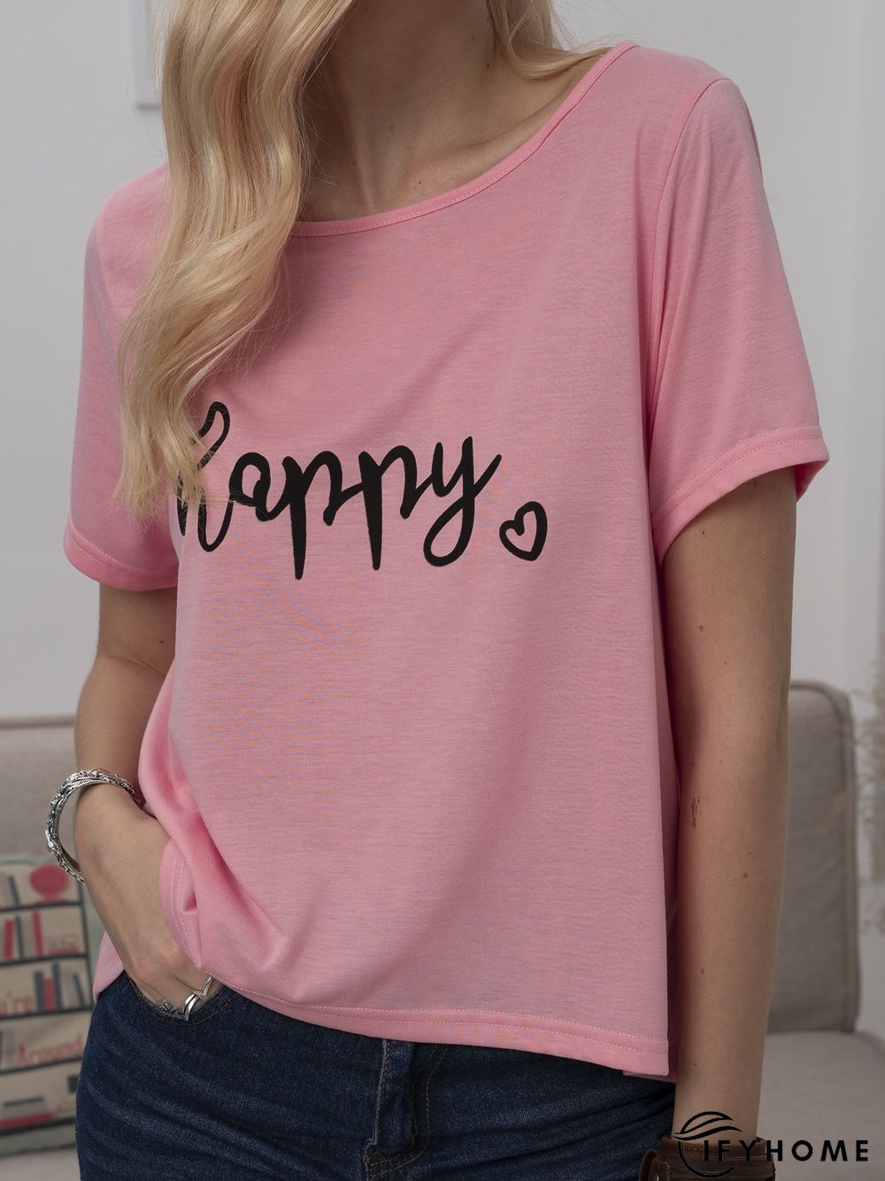 Plus Size Women Short Sleeve Happy Floral Casual Tops | IFYHOME