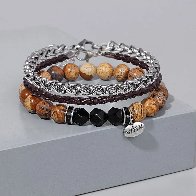 Olivenorma 3pcs Metal Bead Braided Leather Bracelet Set