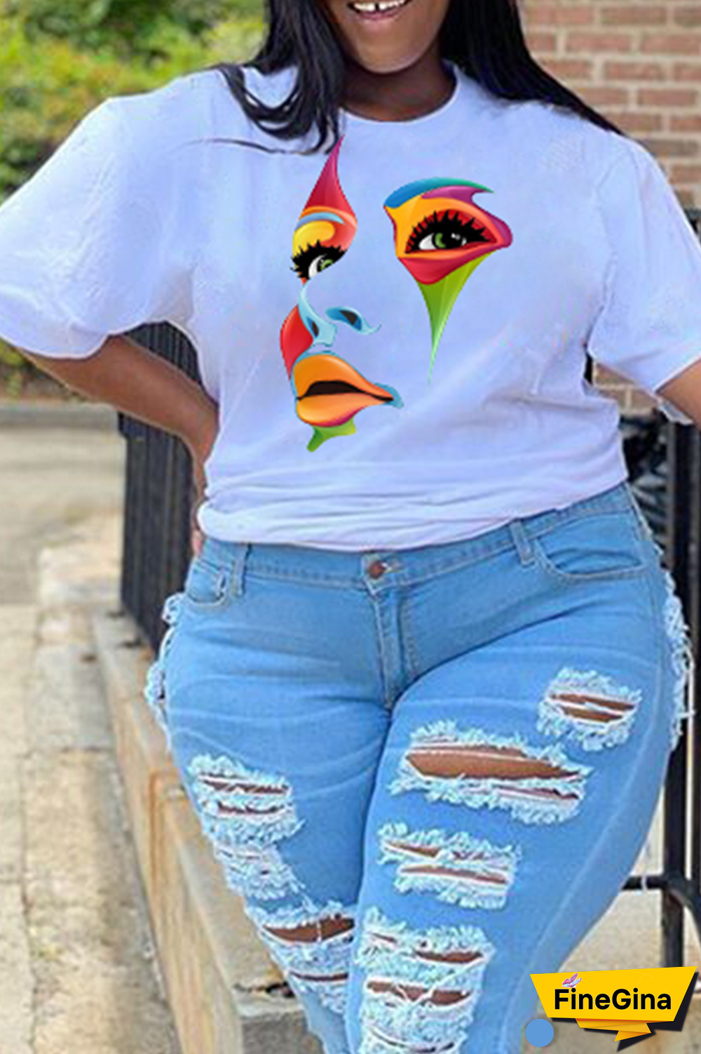 Black Street Print Patchwork O Neck Plus Size Tops