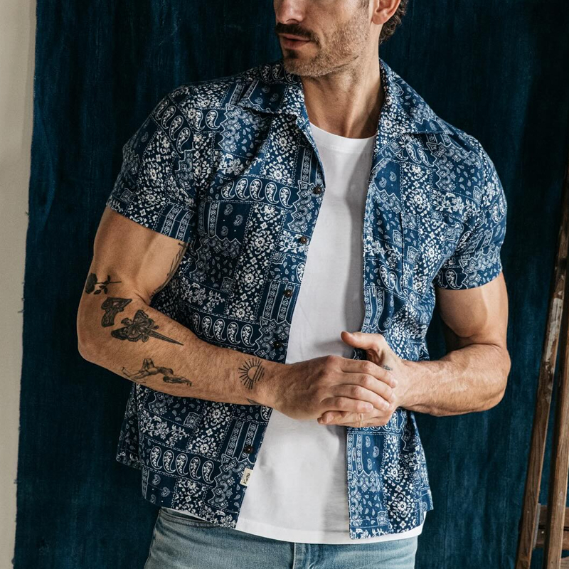 Men's Classic Indigo Cotton and Linen Printed Short Sleeve Shirt