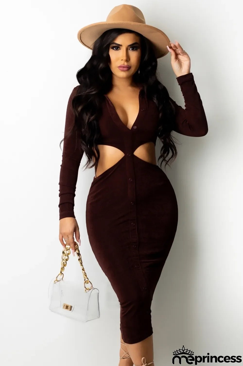 Fall Sexy Dark Red Hollow Out Turndown Collar Long Sleeve Midi Dress