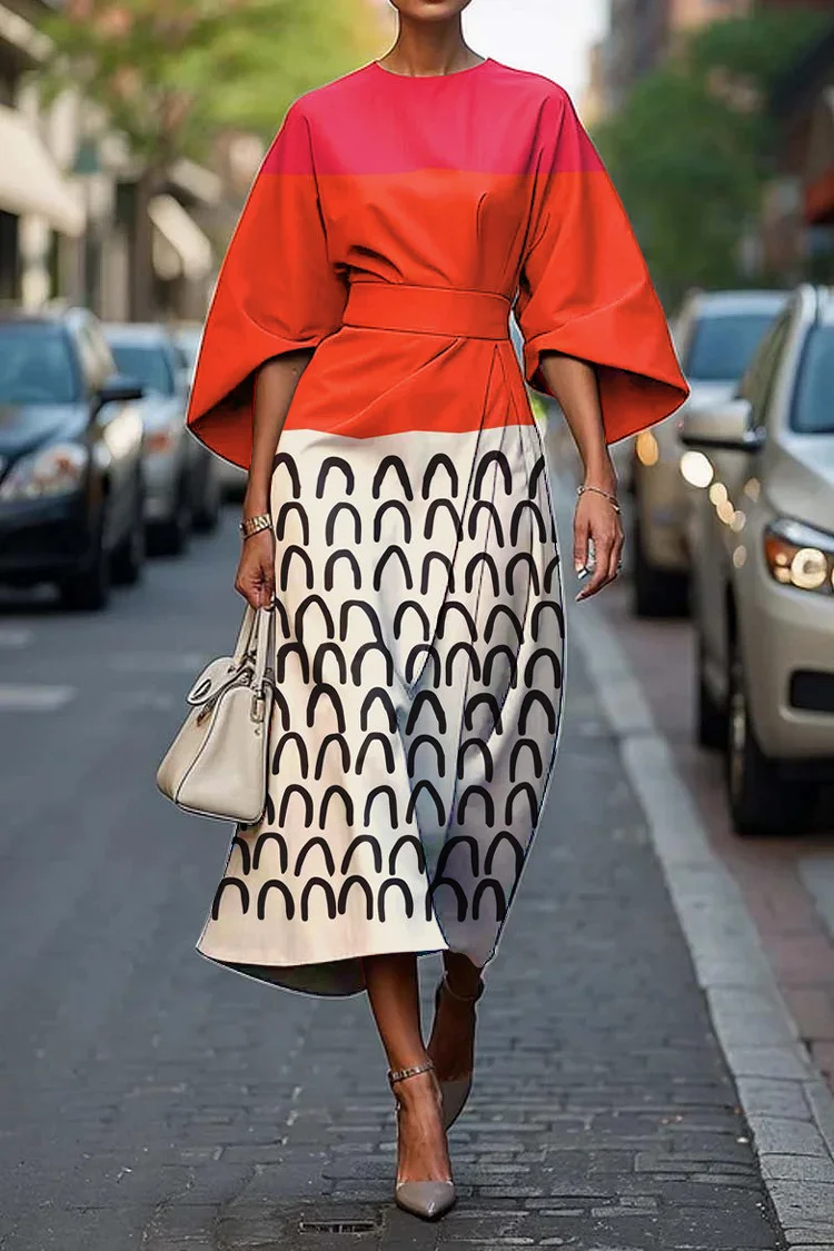 Women's Elegant Geometric Abstract Art Print Midi Dress