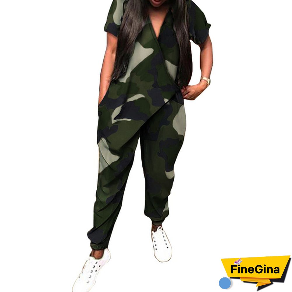 Women Summer Short Sleeve Jumpsuit Romper Camouflage Print Playsuit