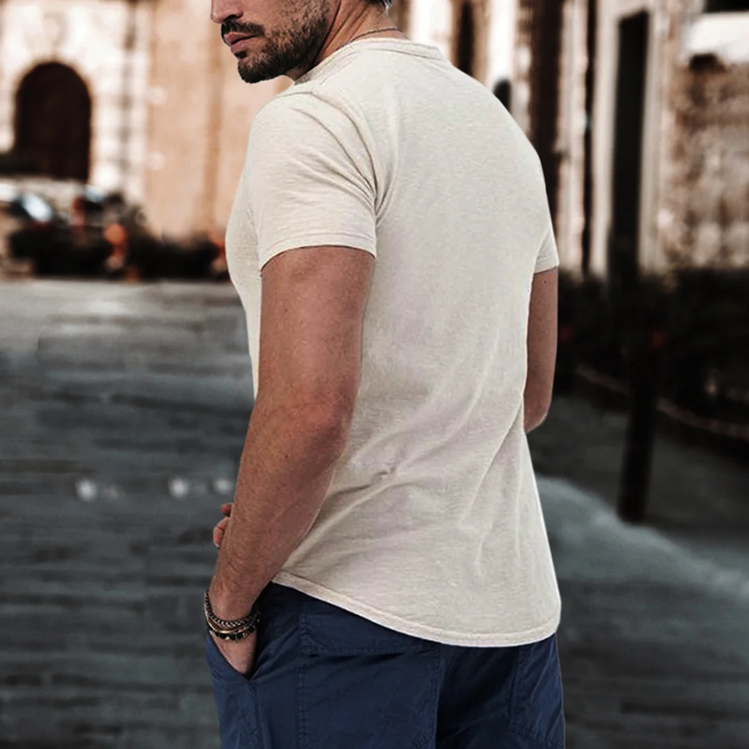 Men's Solid Cotton Linen Henley Collar Casual Slim Fit Stretch T-Shirt-inspireuse