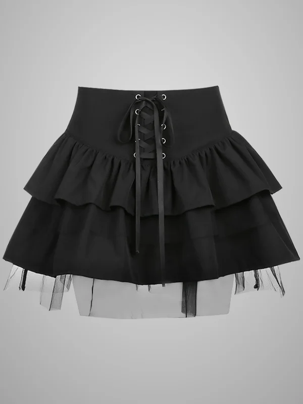 Dark Gothic Tulle High Rise Lace Up Tiered Skirts