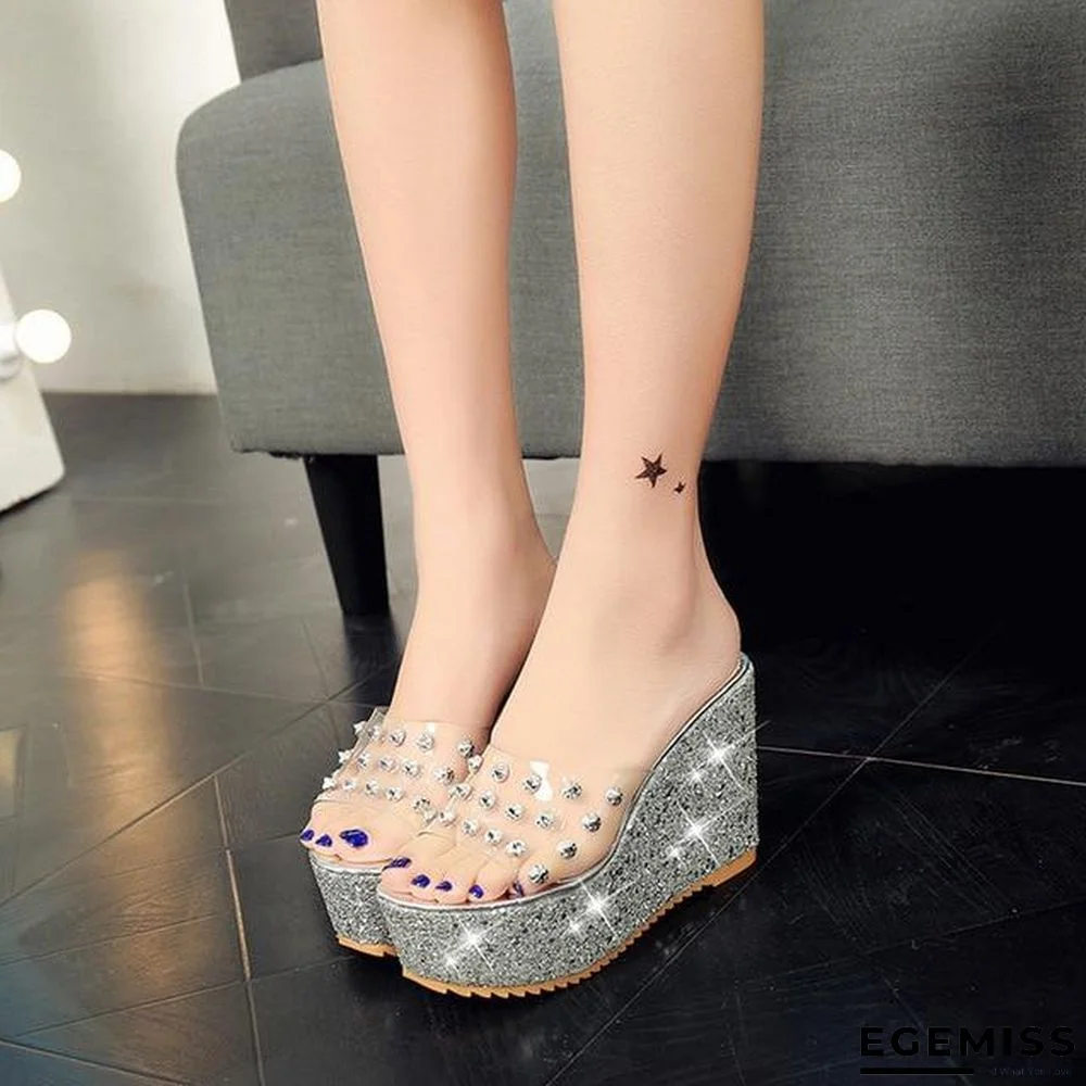 Women Summer Transparent Wedge Sandals Platform Slides Shiny Glitter Slippers | EGEMISS