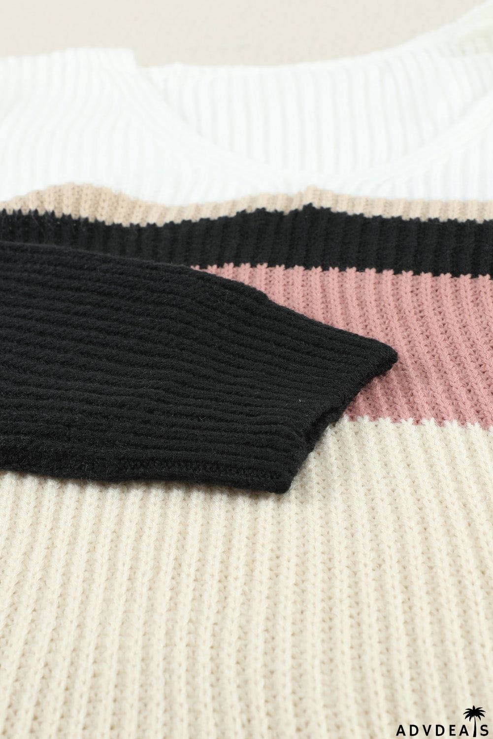 Khaki Colorblock V Neck Ribbed Knitted Sweater