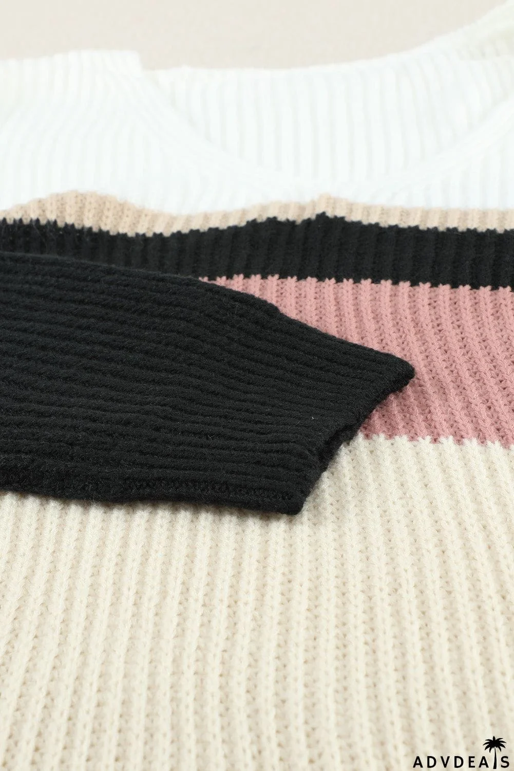 Khaki Colorblock V Neck Ribbed Knitted Sweater