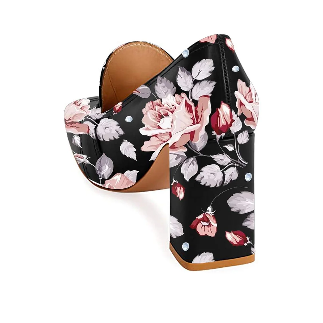 Chic Flower Print Vegan Leather Square Toe Buckle Loafer Heels