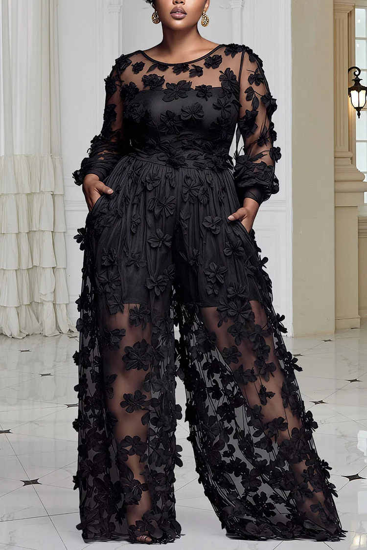 Xpluswear Design Plus Size Cocktail Party Black Round Neck Long Sleeve 3D Elegant See Through Jumpsuits