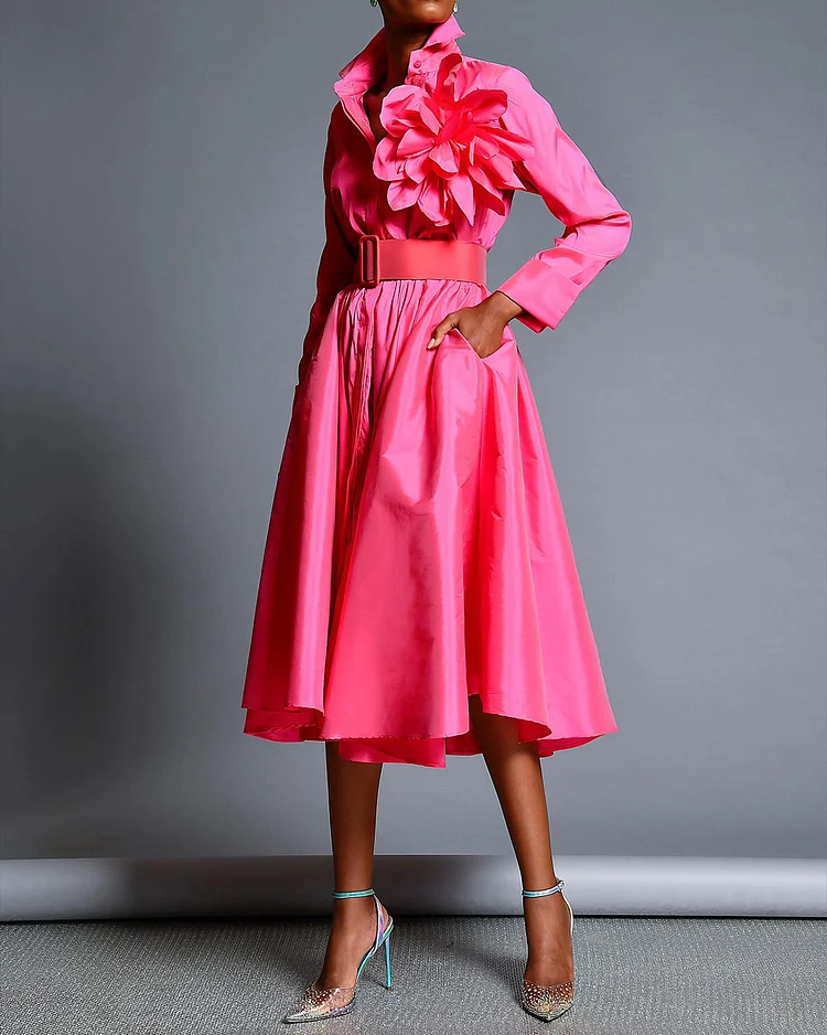 Women's Lapel Long Sleeve Solid Color Dress