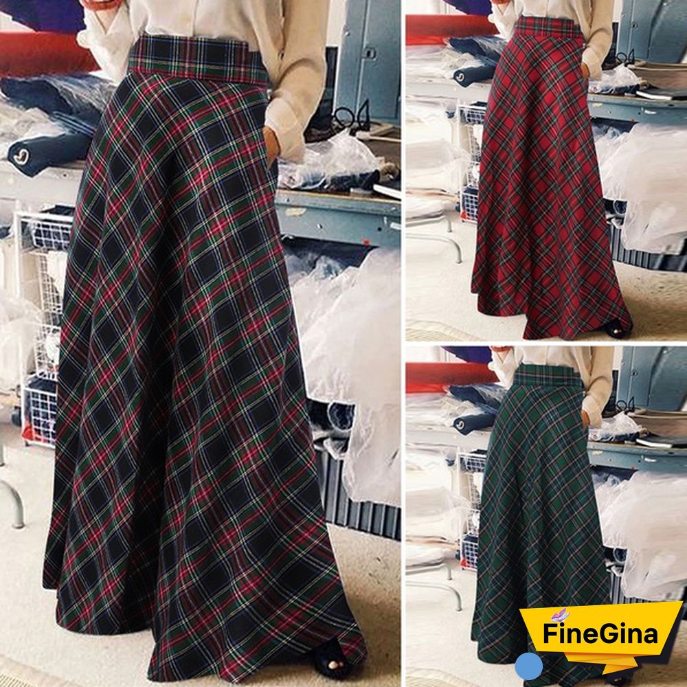 Summer Women Vintage A-Line Skirt Casual High Waist Plaid Checked Party Holiday Maxi Long Skirts