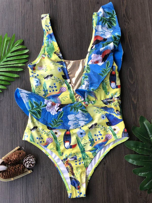 Floral Printed Ruffle V-Neck One-Piece Swimsuit 