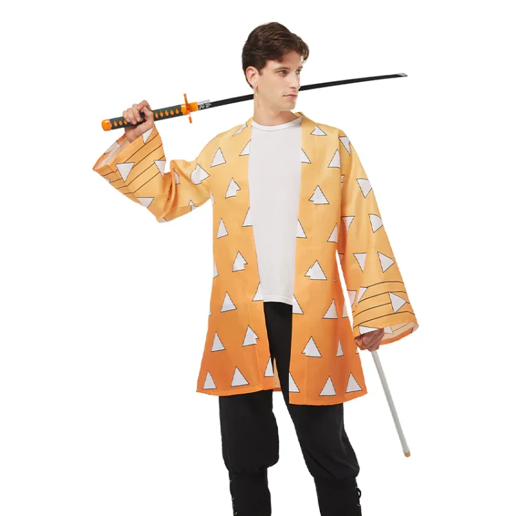 Demon Slayer Agatsuma Zenitsu Cosplay Costumes Halloween Carnival Suit with Earrings Belt